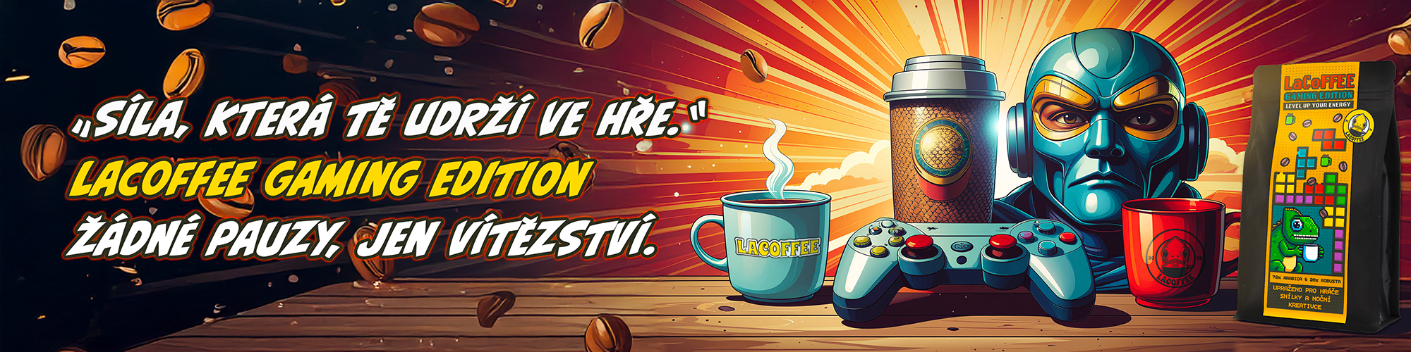banner Firefly_pop art energický komiks styl - na stole leží herní konzole, hrnek s kávou, pytlík s  655774